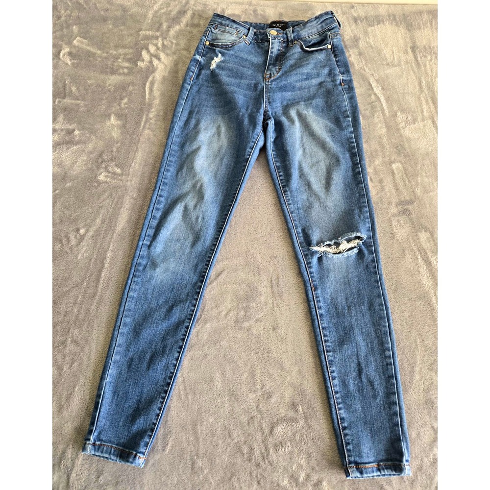 Celebrity Pink Womens High Rise Ankle Skinny Jeans Medium Wash Distressed 0/24